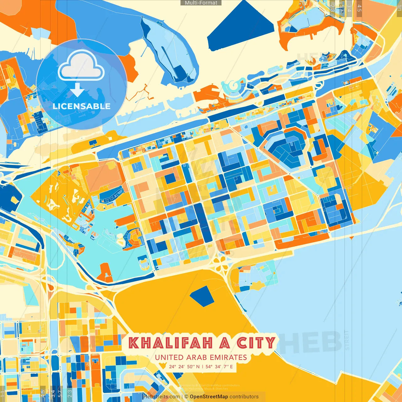 Khalifah A City, United Arab Emirates blue and orange vector art map template