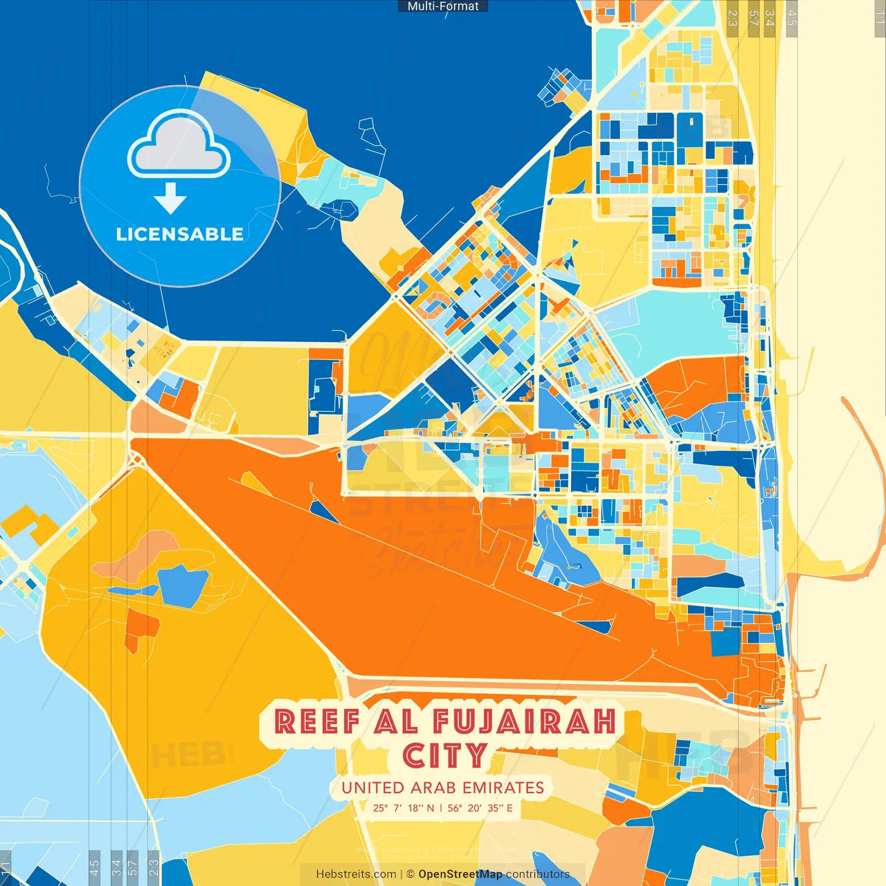 Reef Al Fujairah City, United Arab Emirates blue and orange vector art map template