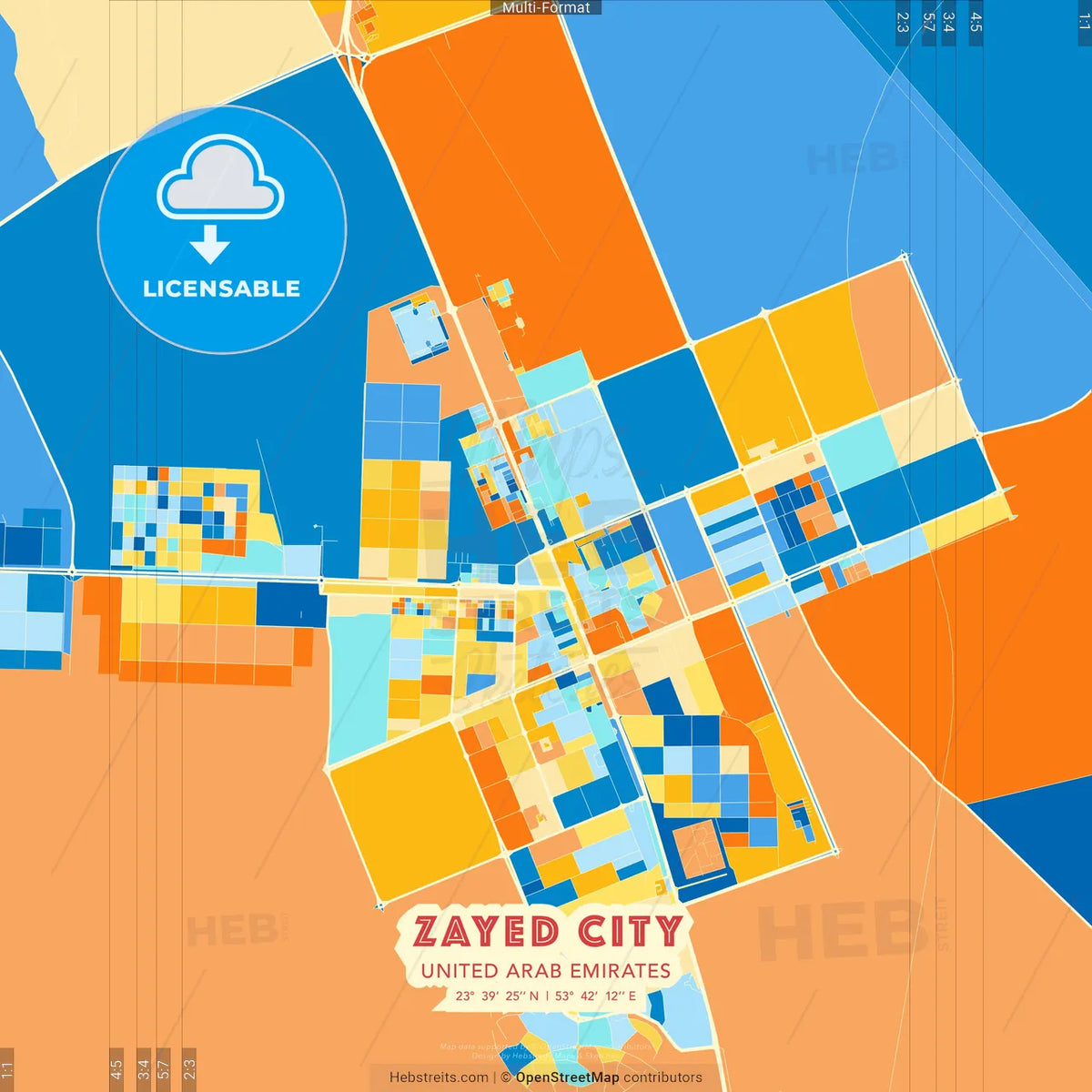 Zayed City , United Arab Emirates blue and orange vector art map template