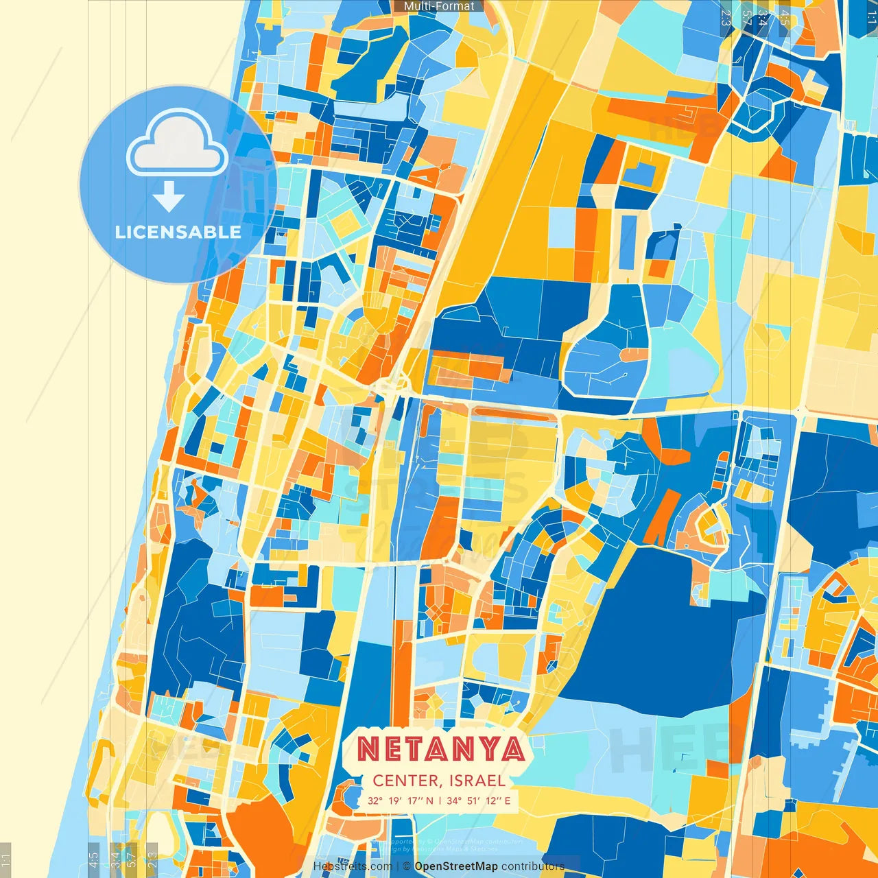 Netanya, Center, Israel blue and orange vector art map template