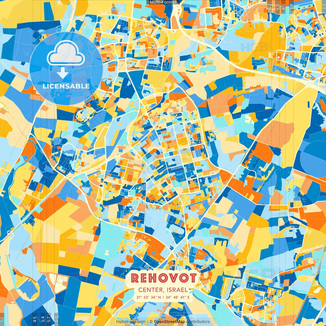 Rehovot, Center, Israel blue and orange vector art map template