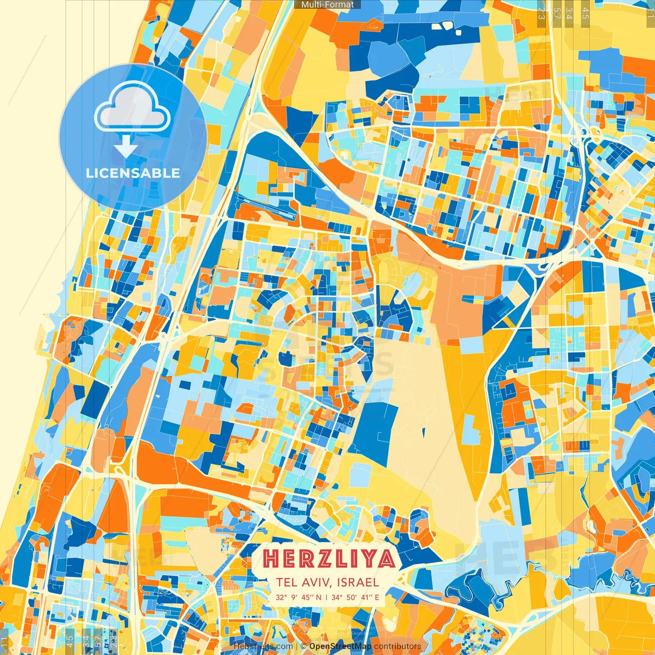 Herzliya, Tel Aviv, Israel blue and orange vector art map template