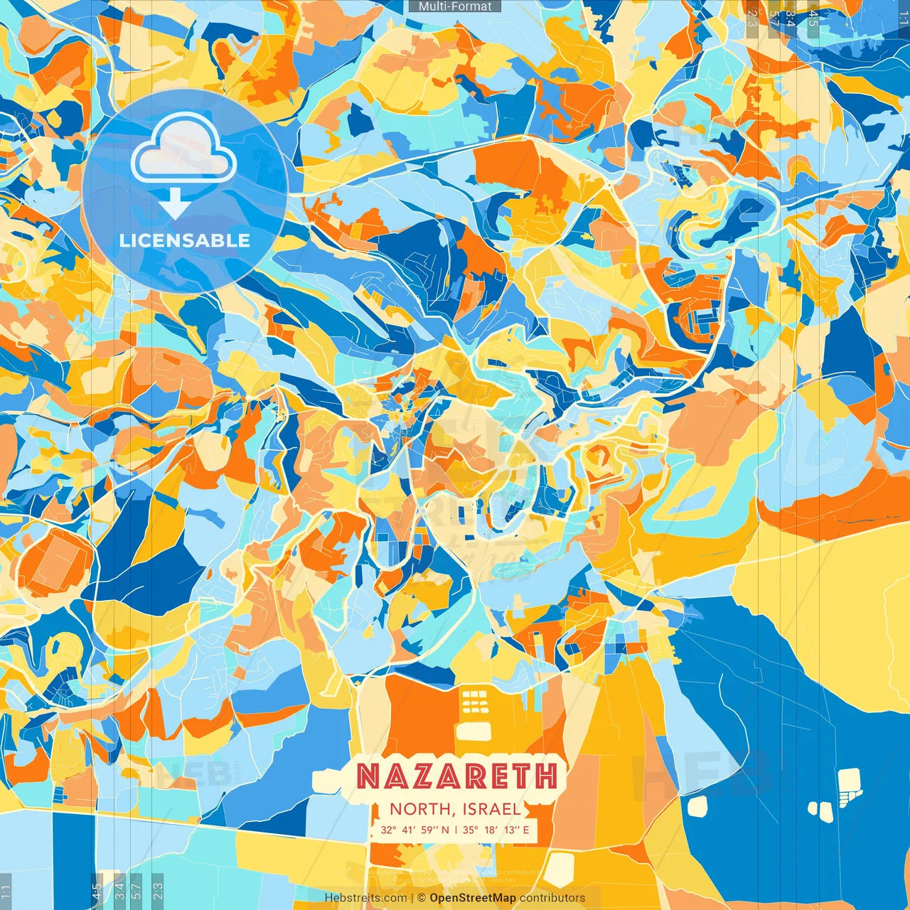 Nazareth, North, Israel blue and orange vector art map template