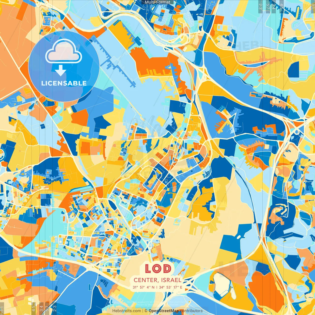 Lod, Center, Israel blue and orange vector art map template