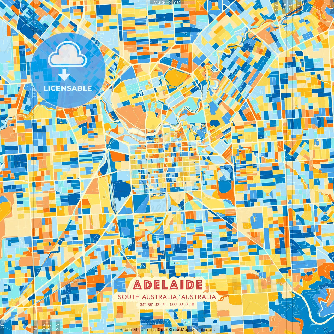 Adelaide, South Australia, Australia blue and orange vector art map template