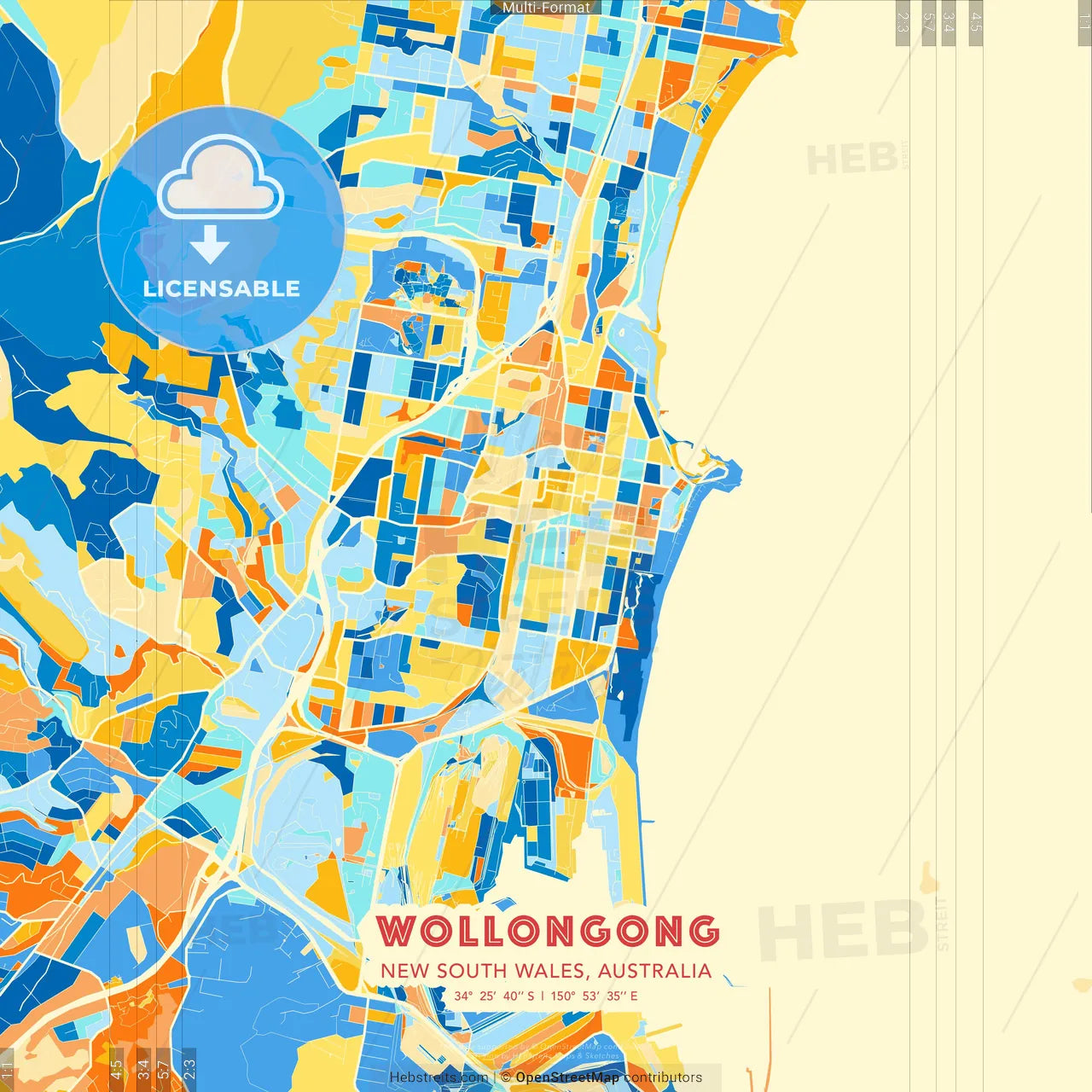 Wollongong, New South Wales, Australia blue and orange vector art map template