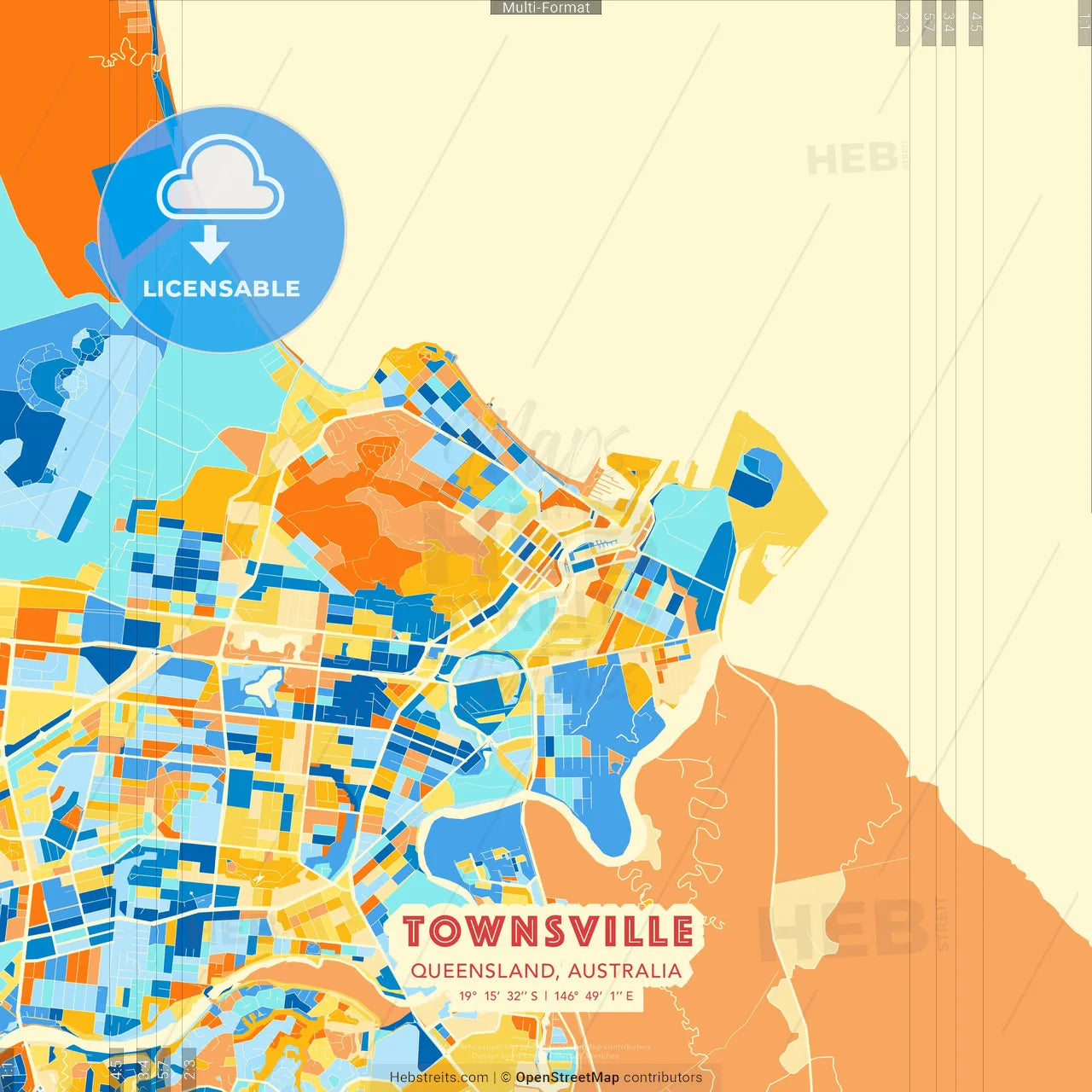 Townsville, Queensland, Australia blue and orange vector art map template