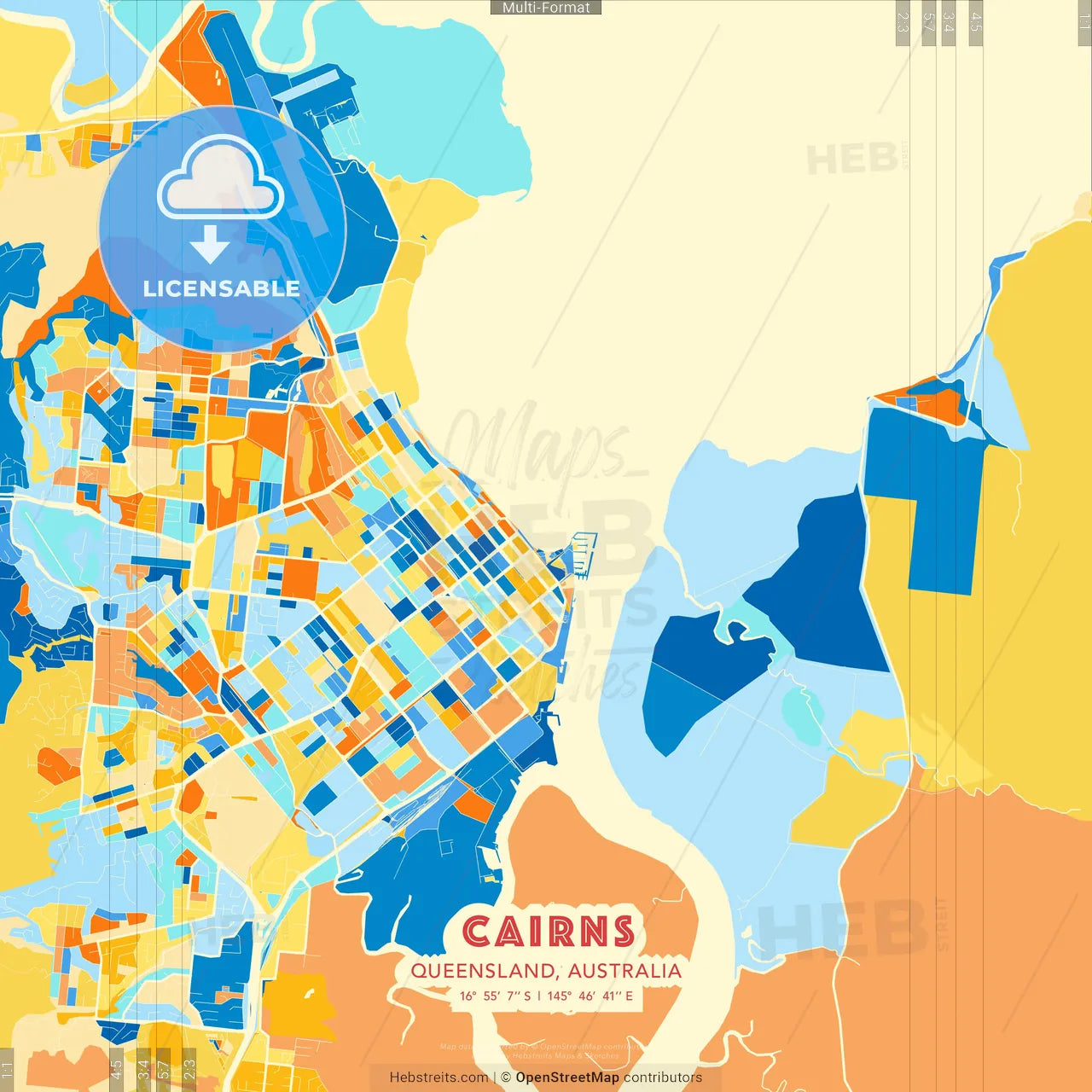 Cairns, Queensland, Australia blue and orange vector art map template