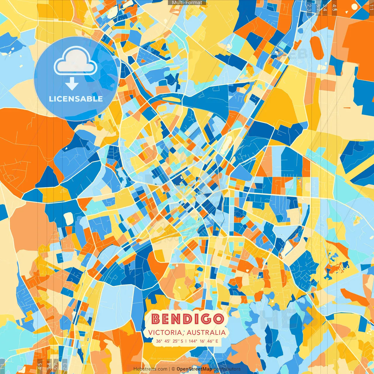 Bendigo, Victoria, Australia blue and orange vector art map template