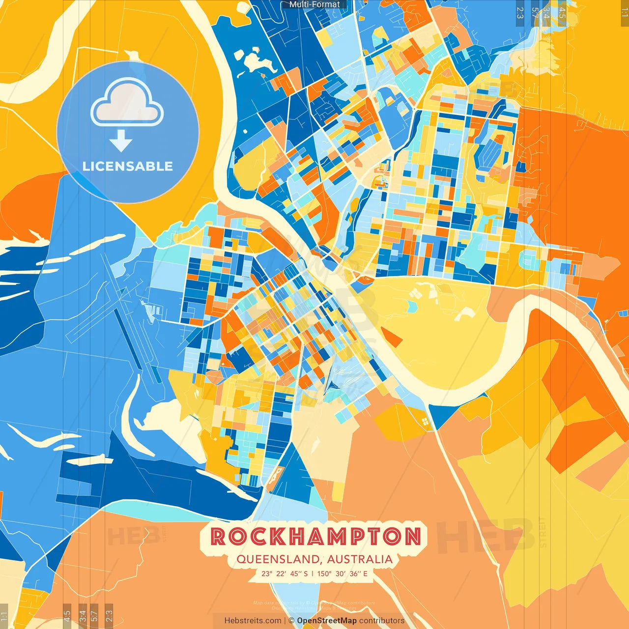 Rockhampton, Queensland, Australia blue and orange vector art map template