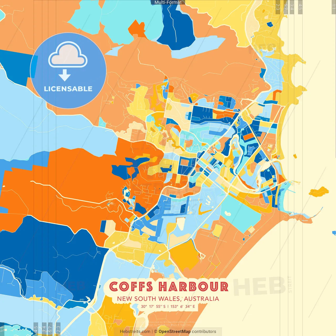 Coffs Harbour, New South Wales, Australia blue and orange vector art map template