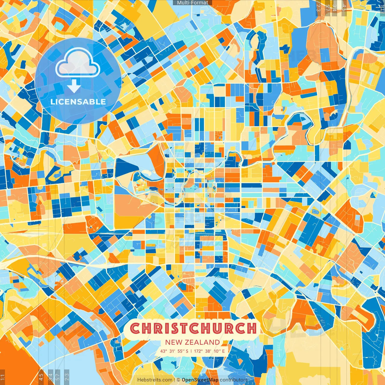 Christchurch, New Zealand blue and orange vector art map template