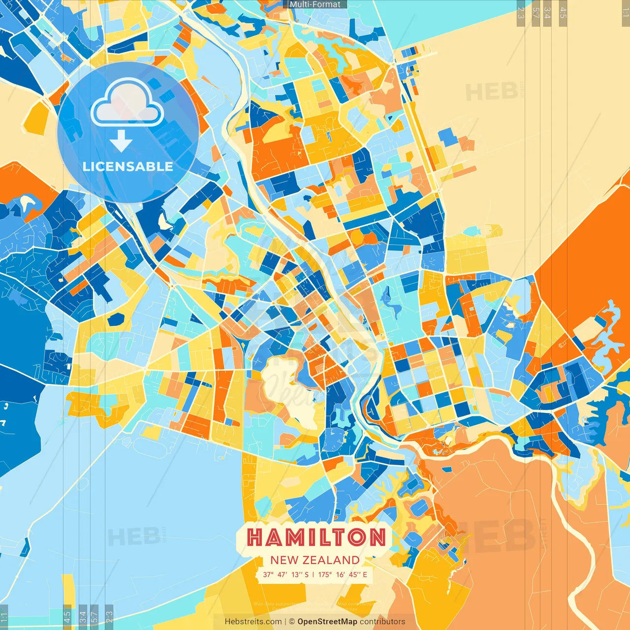 Hamilton, New Zealand blue and orange vector art map template