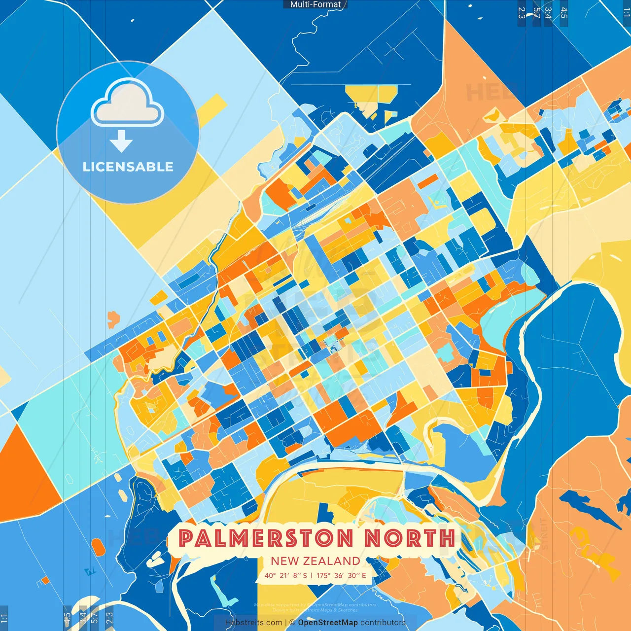 Palmerston North, New Zealand blue and orange vector art map template