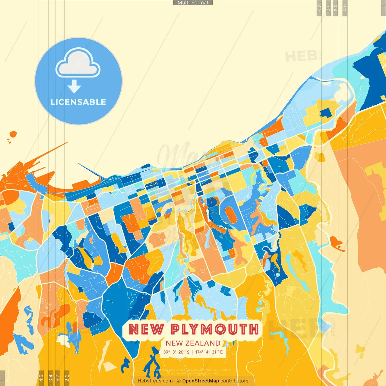 New Plymouth, New Zealand blue and orange vector art map template