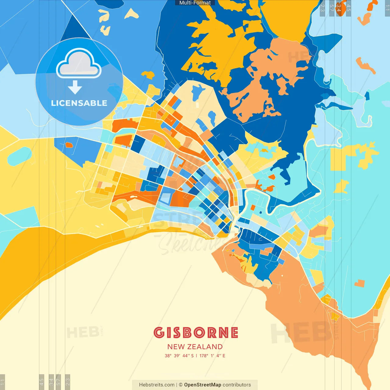 Gisborne, New Zealand blue and orange vector art map template