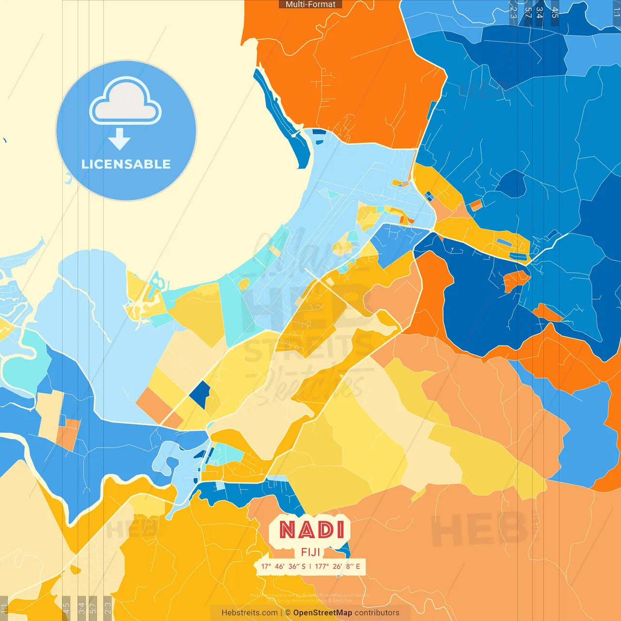 Nadi, Fiji blue and orange vector art map template