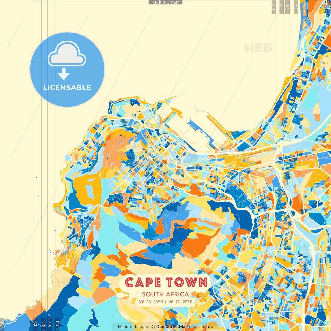 Cape Town, South Africa blue and orange vector art map template