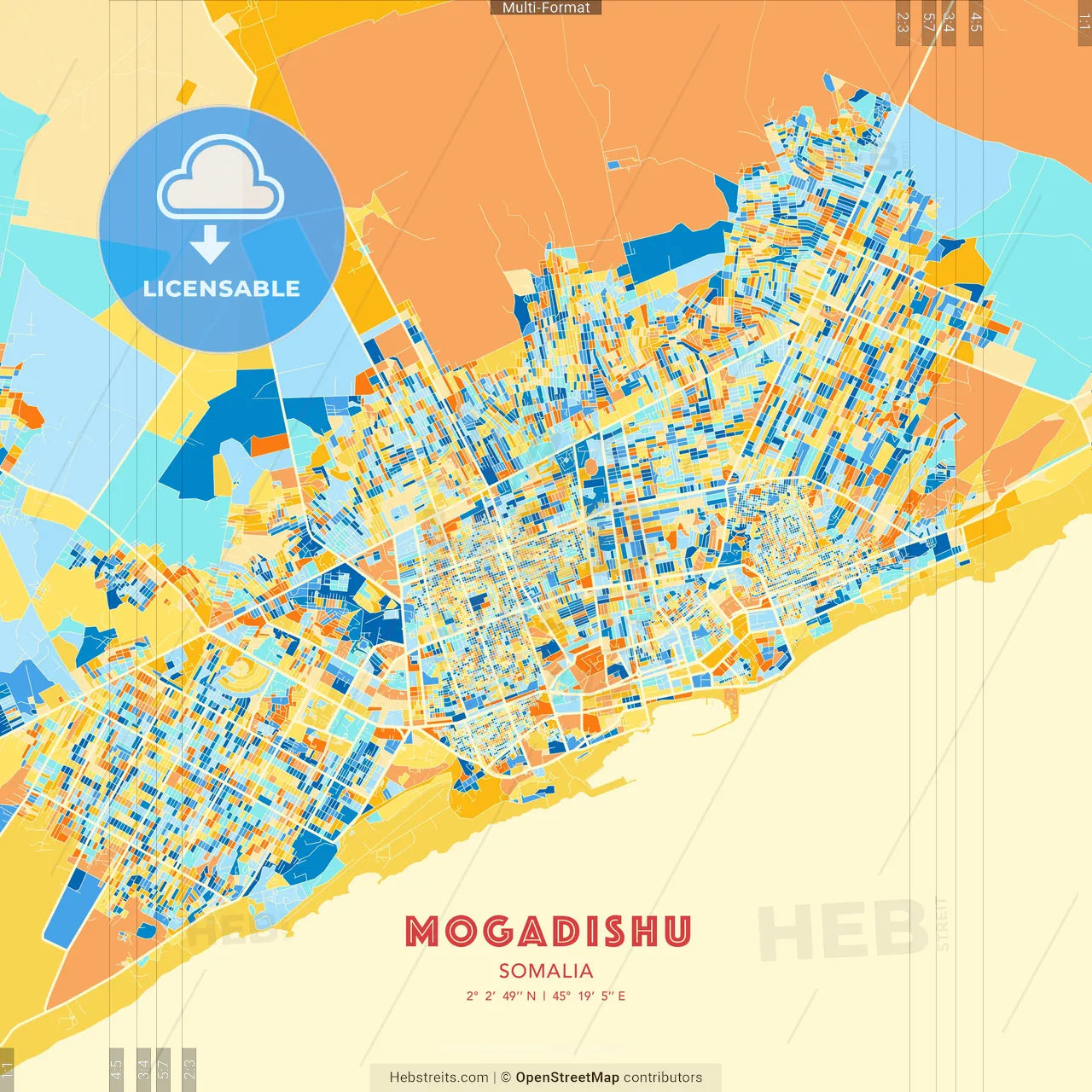 Mogadishu, Somalia blue and orange vector art map template