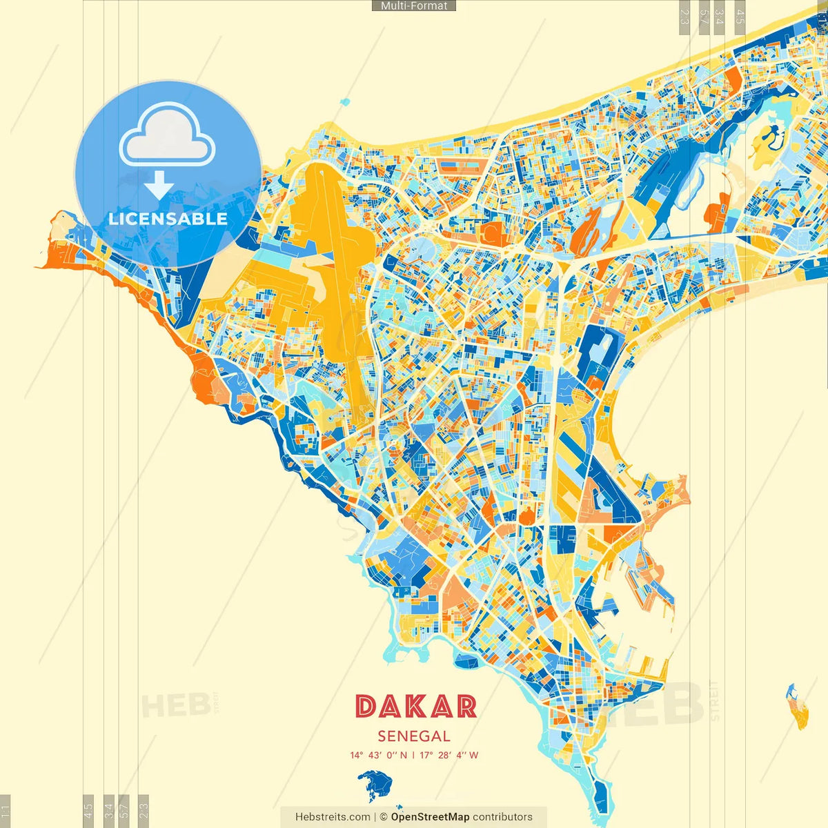 Dakar, Senegal blue and orange vector art map template
