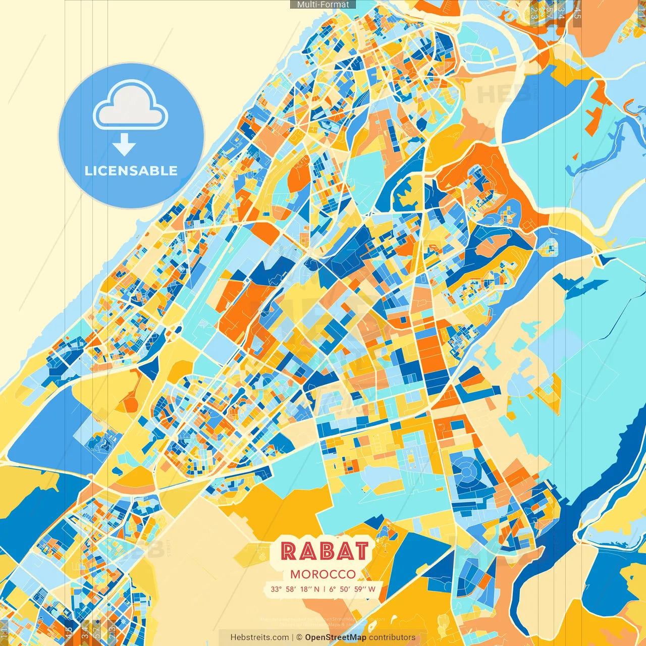 Rabat, Morocco blue and orange vector art map template