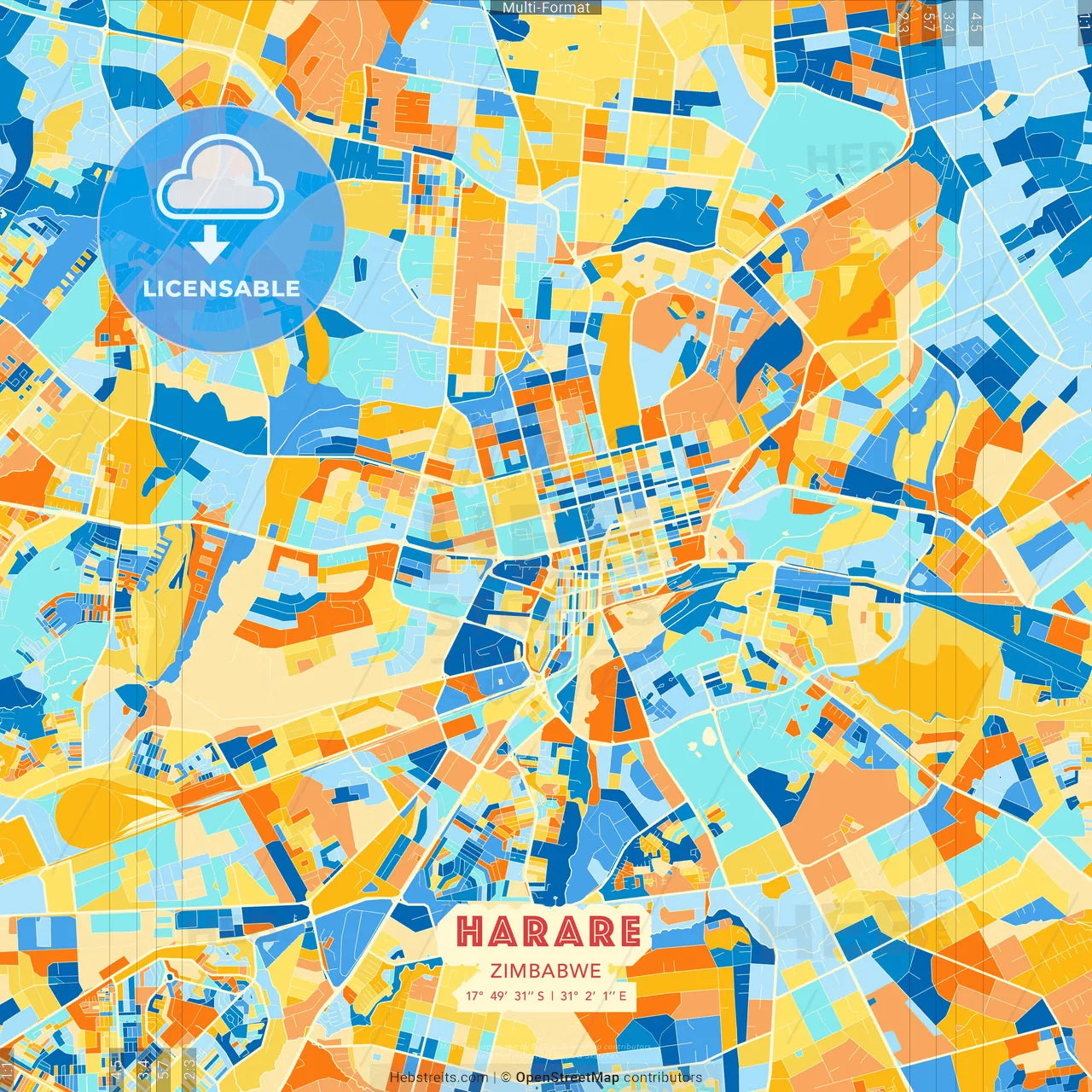 Harare, Zimbabwe blue and orange vector art map template