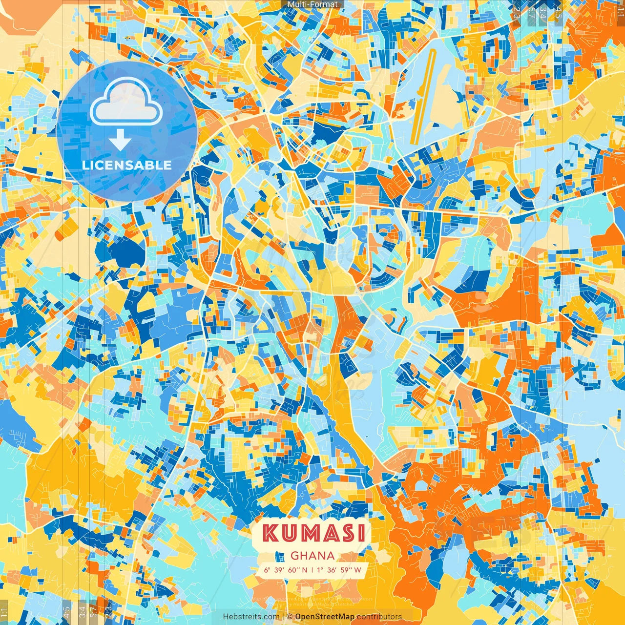 Kumasi, Ghana blue and orange vector art map template