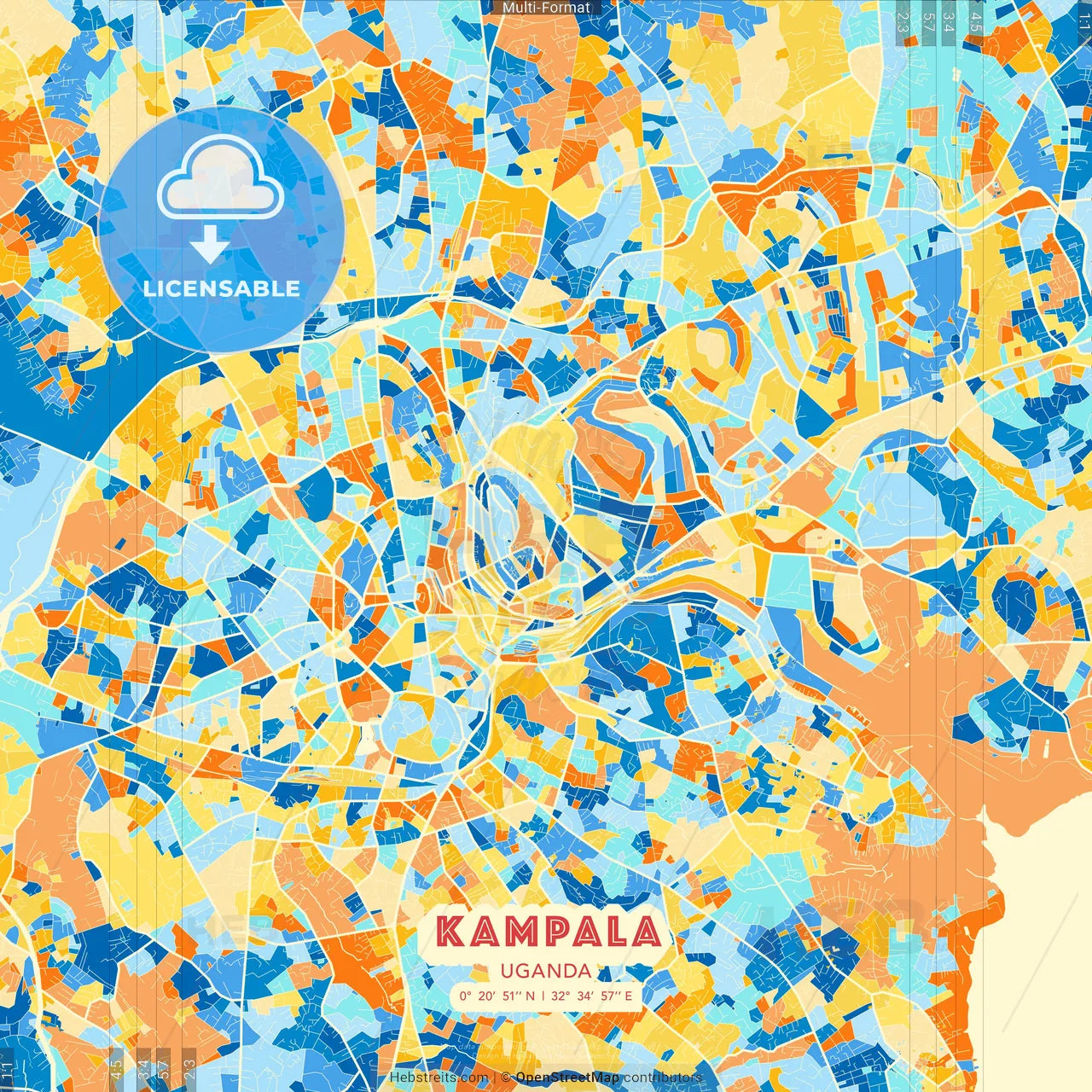 Kampala, Uganda blue and orange vector art map template