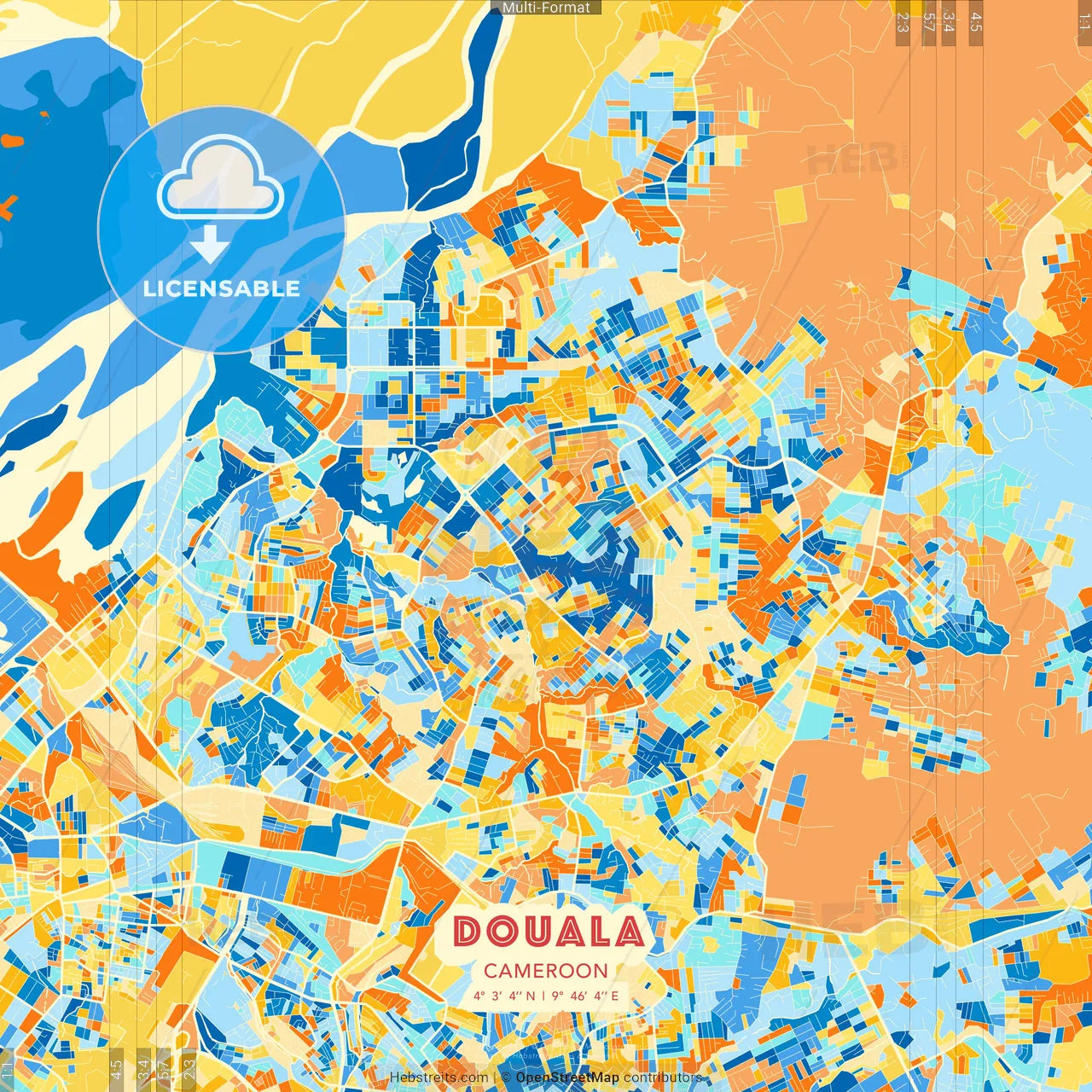 Douala, Cameroon blue and orange vector art map template