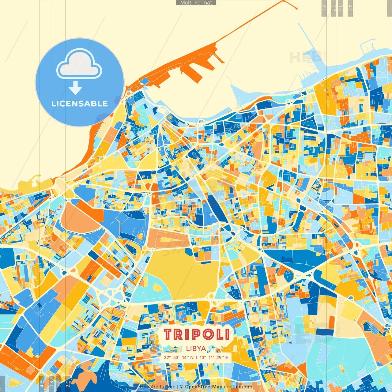 Tripoli, Libya blue and orange vector art map template