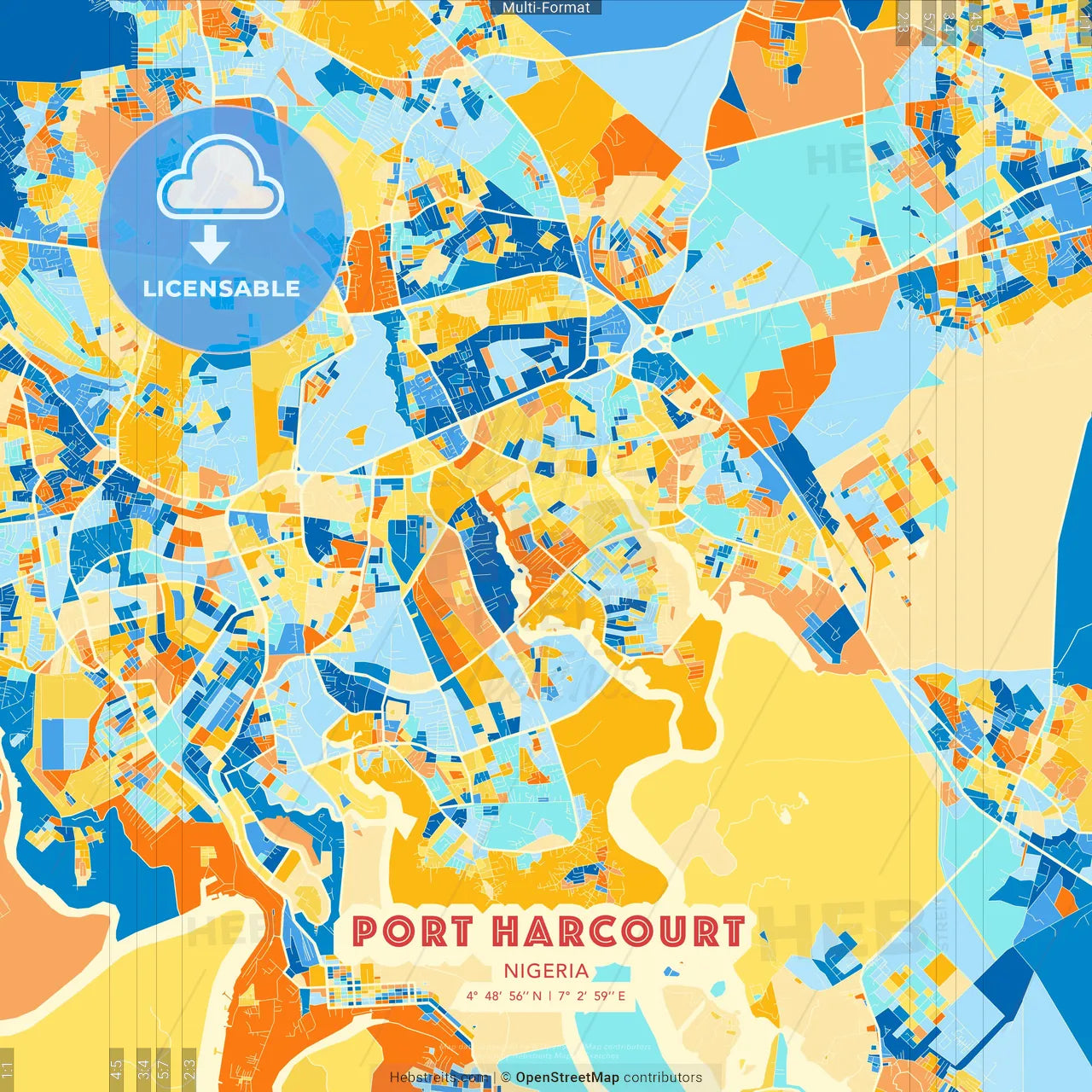 Port Harcourt, Nigeria blue and orange vector art map template