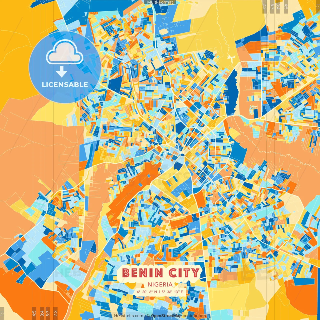 Benin City, Nigeria blue and orange vector art map template