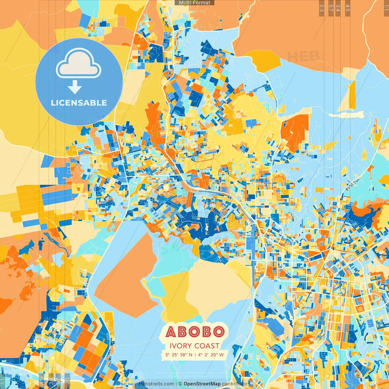 Abobo, Ivory Coast blue and orange vector art map template