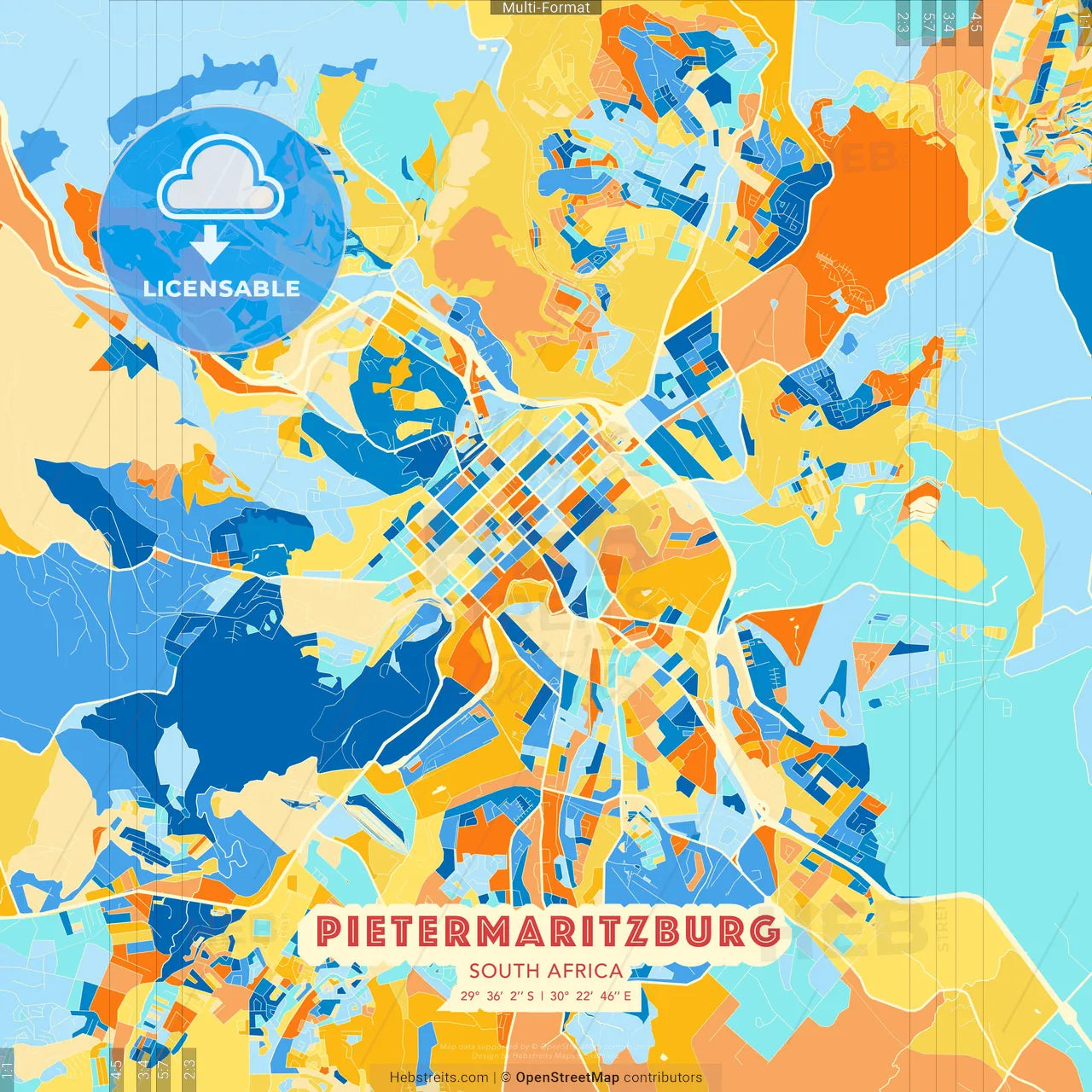 Pietermaritzburg, South Africa blue and orange vector art map template