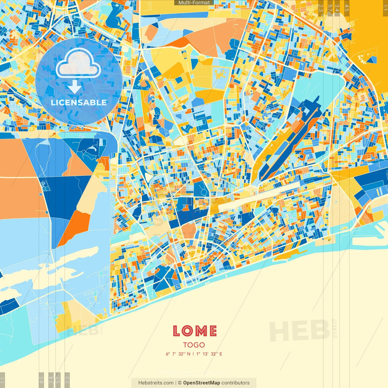 Lome, Togo blue and orange vector art map template