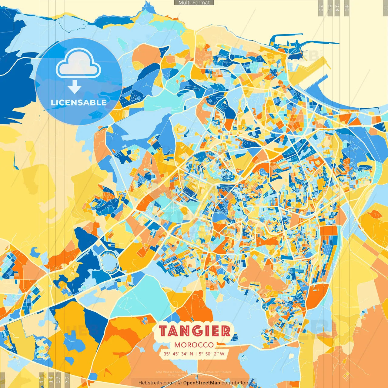 Tangier, Morocco blue and orange vector art map template