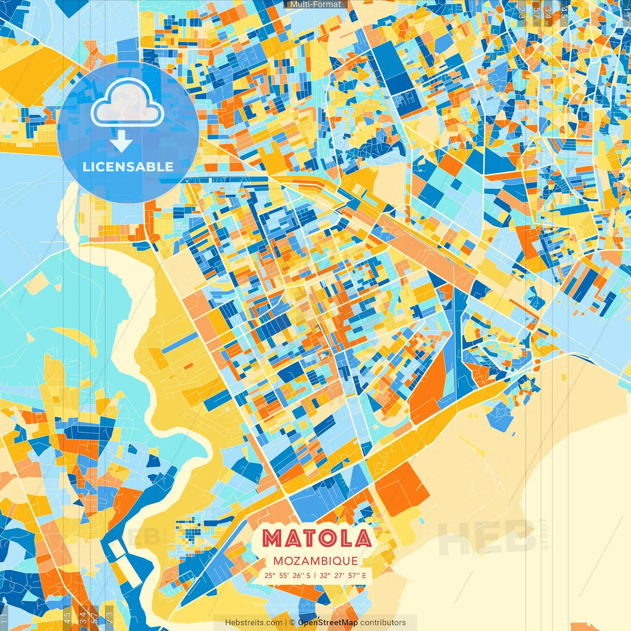 Matola, Mozambique blue and orange vector art map template