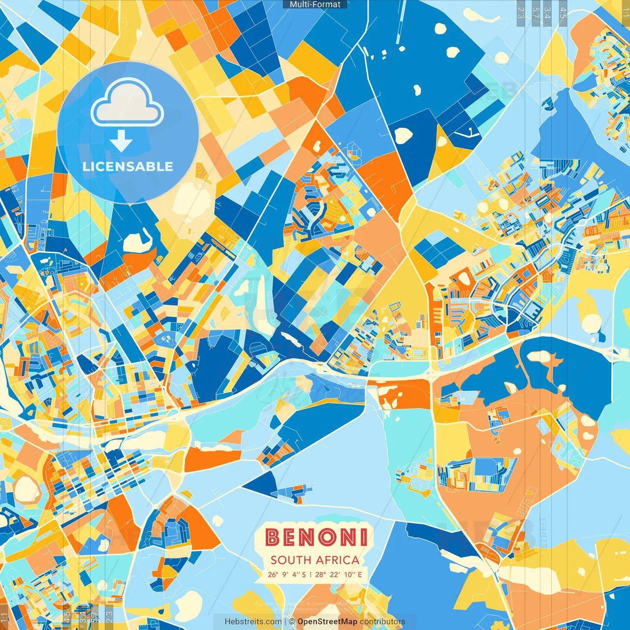 Benoni, South Africa blue and orange vector art map template