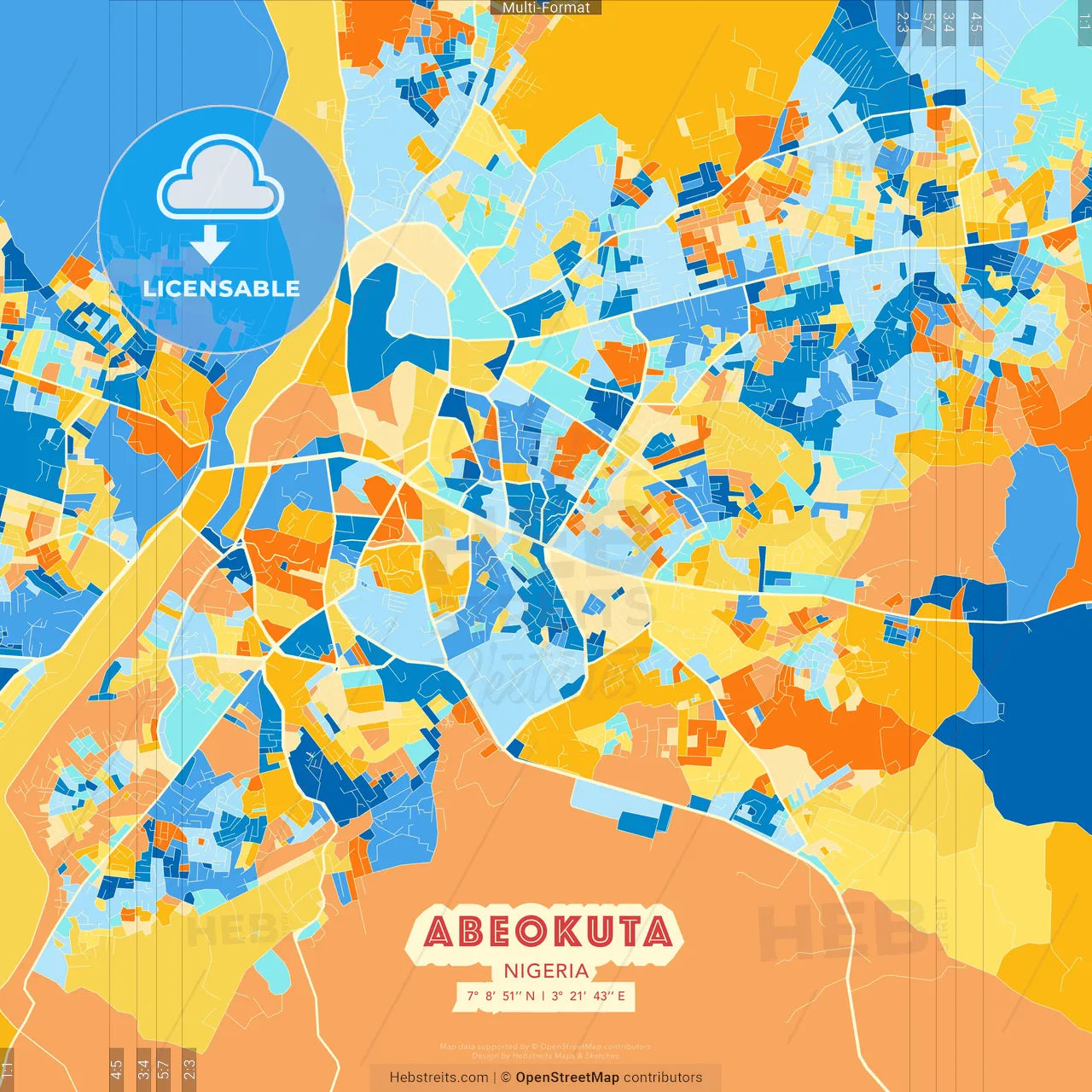 Abeokuta, Nigeria blue and orange vector art map template