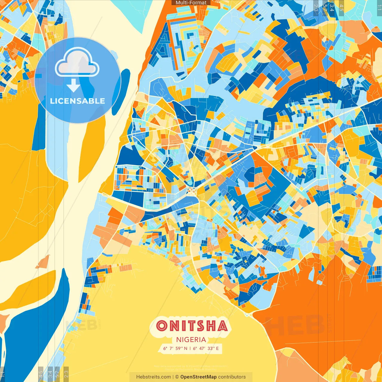 Onitsha, Nigeria blue and orange vector art map template