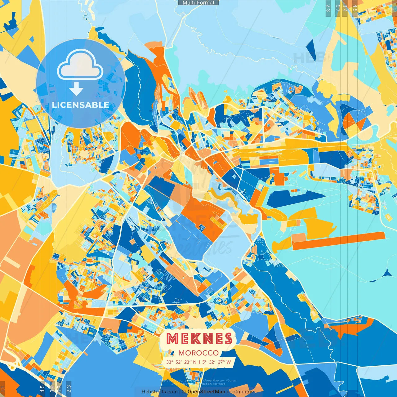 Meknes, Morocco blue and orange vector art map template