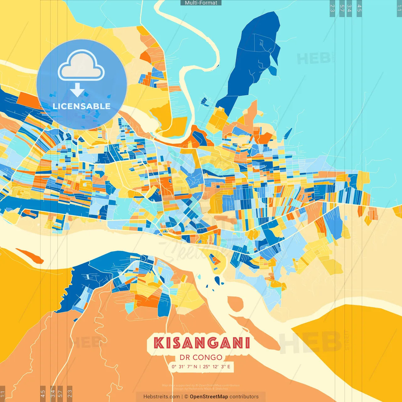 Kisangani, DR Congo blue and orange vector art map template