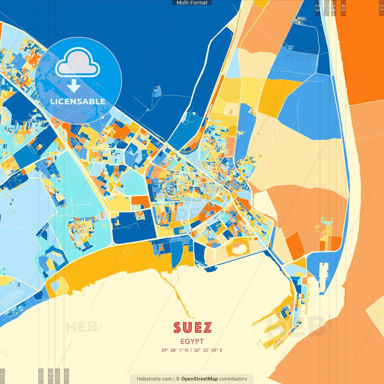 Suez, Egypt blue and orange vector art map template