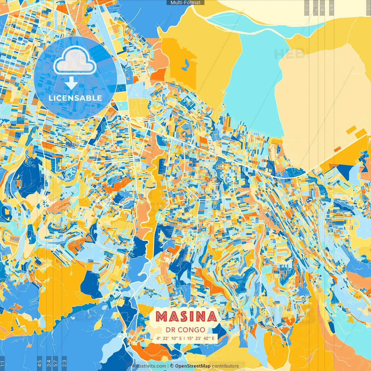 Masina, DR Congo blue and orange vector art map template