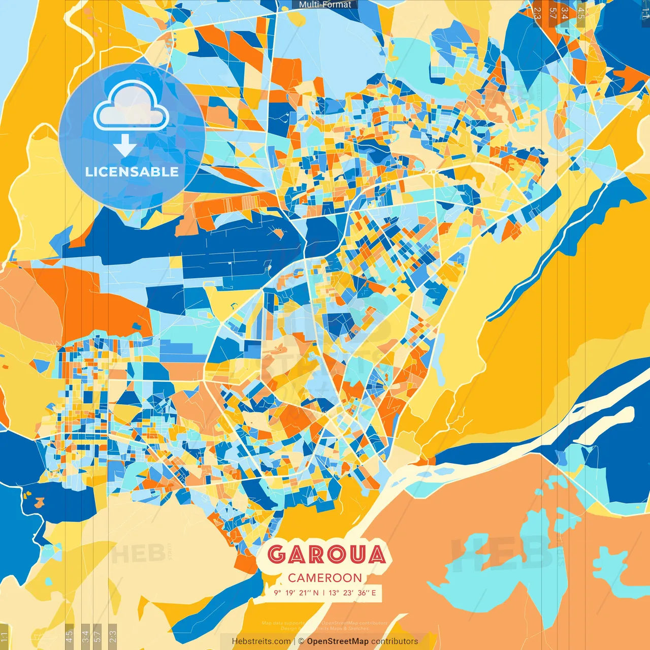 Garoua, Cameroon blue and orange vector art map template