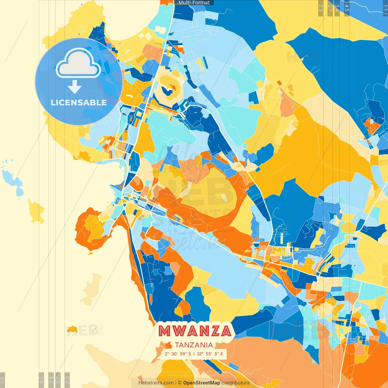Mwanza, Tanzania blue and orange vector art map template