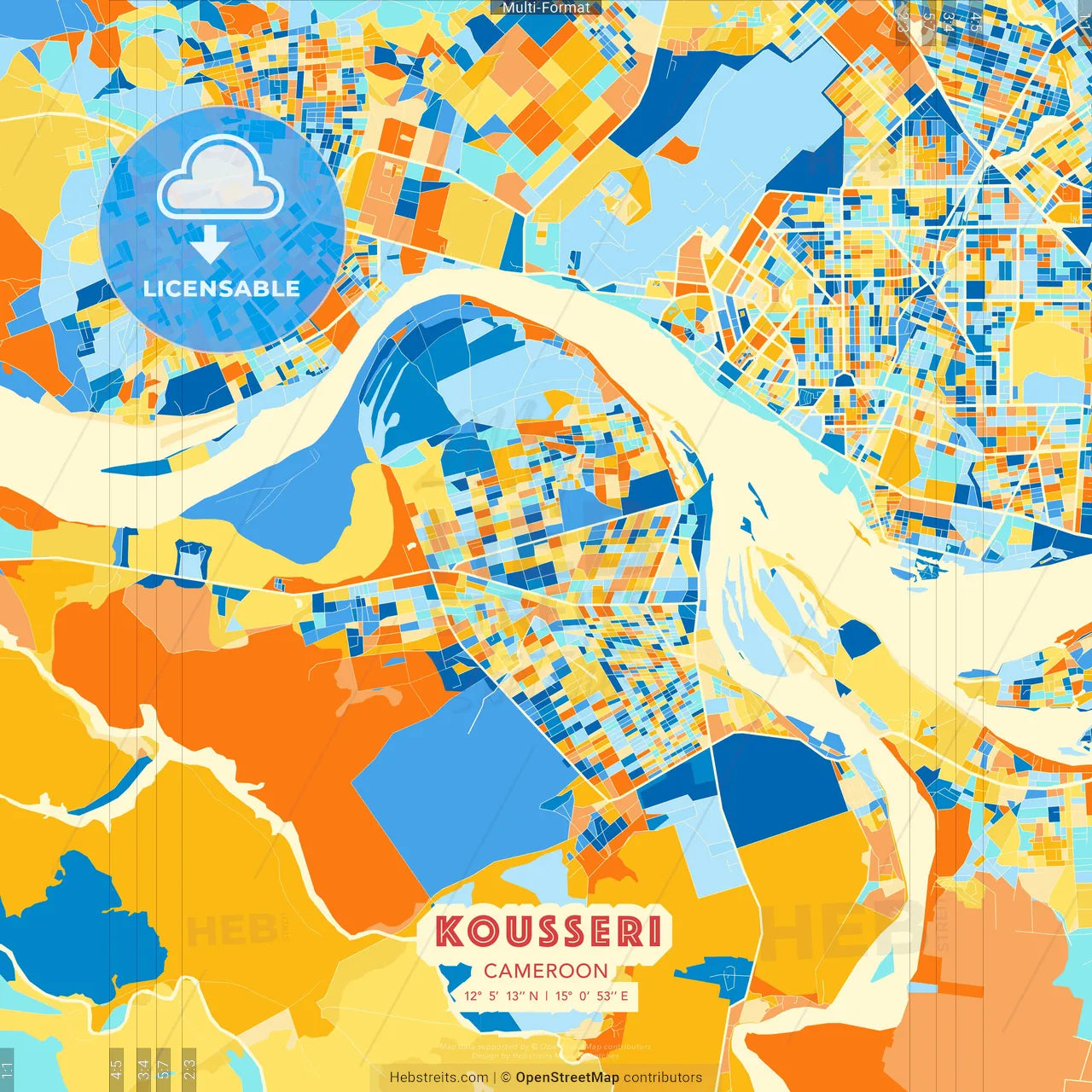 Kousseri, Cameroon blue and orange vector art map template