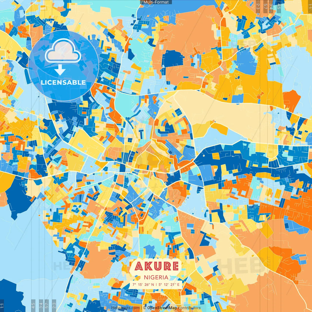 Akure, Nigeria blue and orange vector art map template
