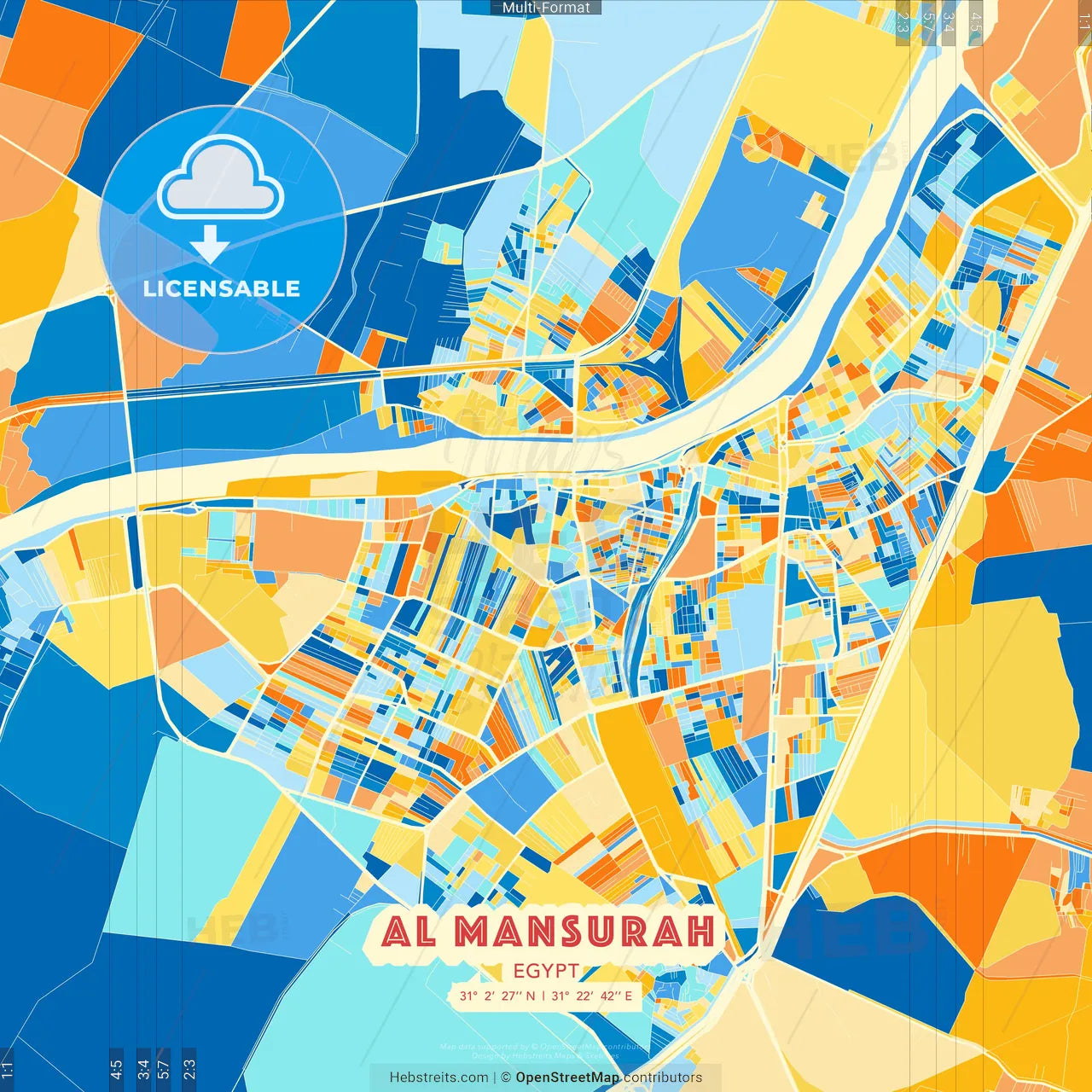 Al Mansurah, Egypt blue and orange vector art map template