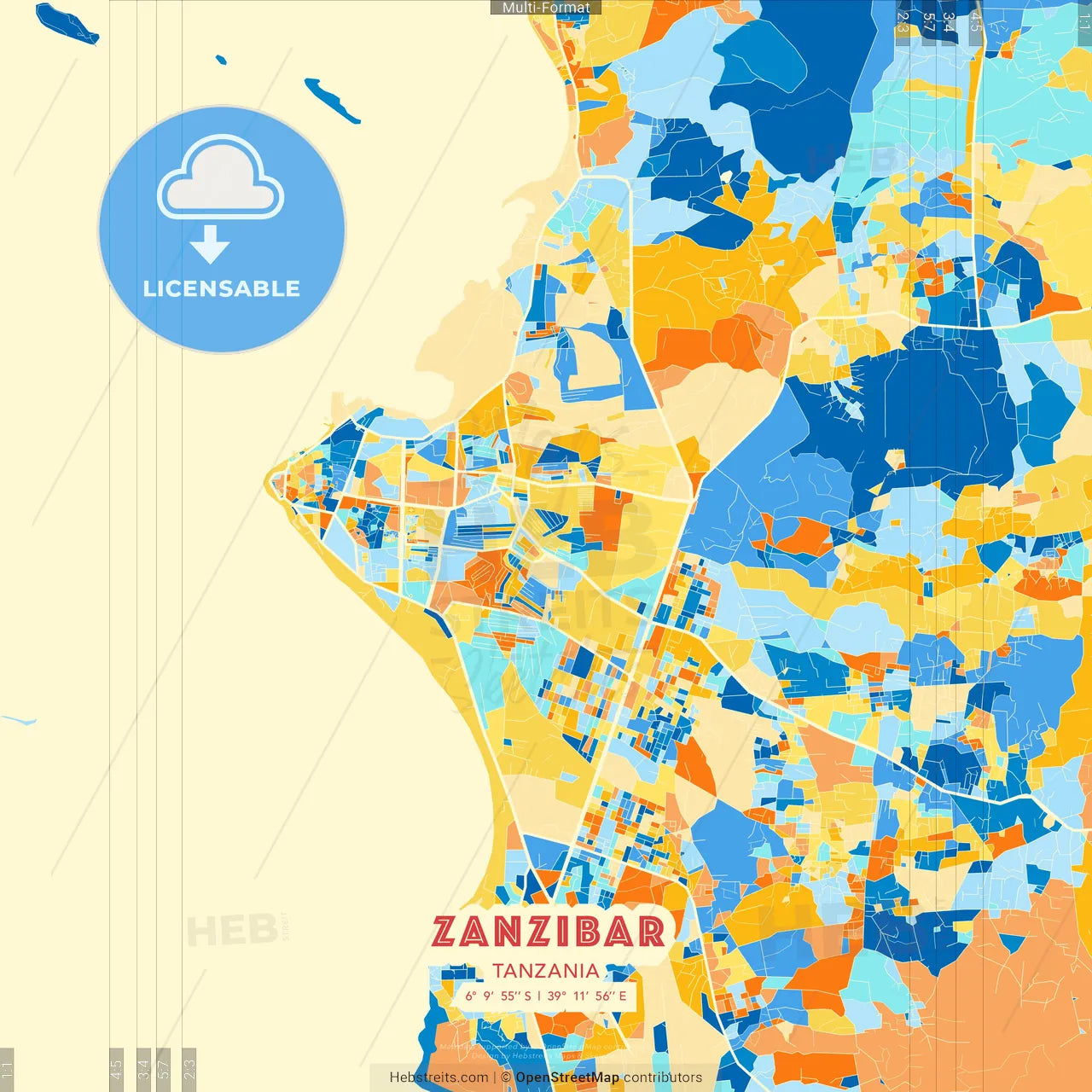 Zanzibar, Tanzania blue and orange vector art map template